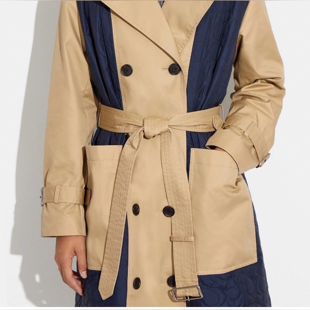 Coach Quilted Trench Coat Navy/Khaki Small